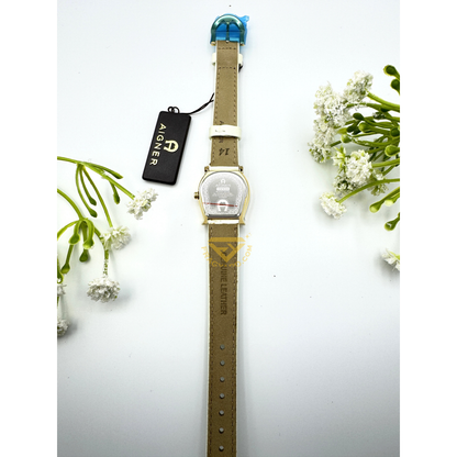 Aigner Varese A45204 Gold Plated Stainless Steel White Genuine Leather Strap