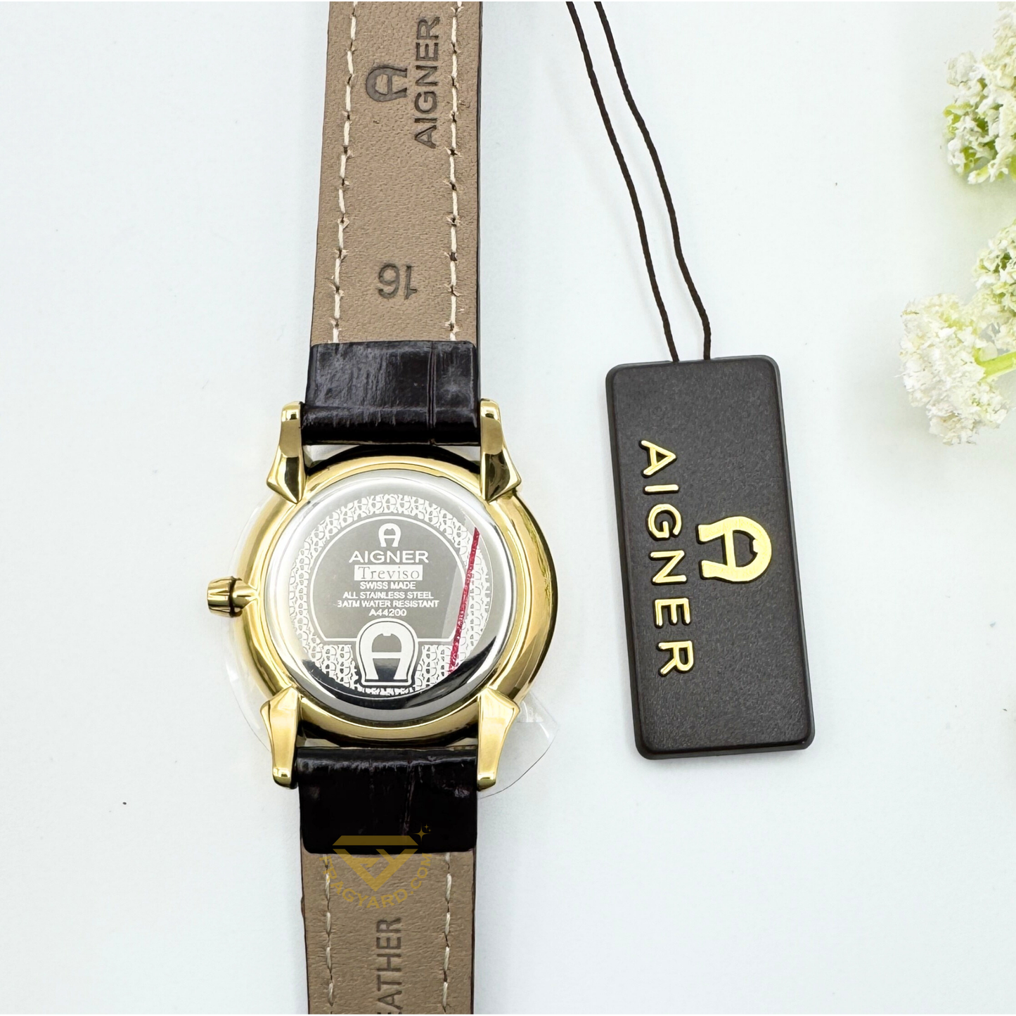 Aigner Watch A44200 Treviso Ladies Gold dial Brown leather strap 3ATM water resistance Swiss made all stainless steel