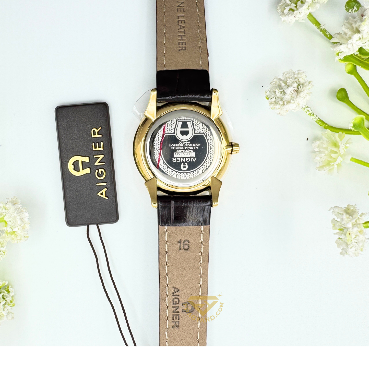 Aigner Watch A44200 Treviso Ladies Gold dial Brown leather strap 3ATM water resistance Swiss made all stainless steel