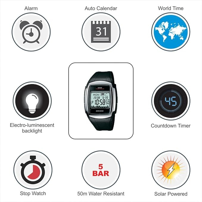 Casio Watch Digital Tough Solar Data Bank 5 Alarm DB-E30-1AVDF  Mens Watch DB-E30-1AV