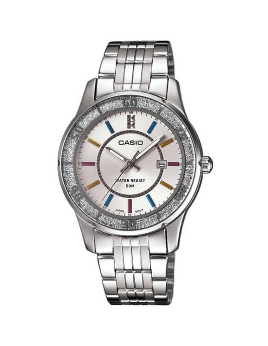 Casio Watch LTP1358D-7A Women's Lamé-Sprinkled Bezel Metal Fashion Silver Dial Watch 4971850921899