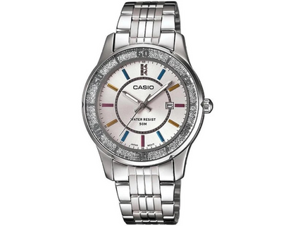 Casio Watch LTP1358D-7A Women's Lamé-Sprinkled Bezel Metal Fashion Silver Dial Watch 4971850921899