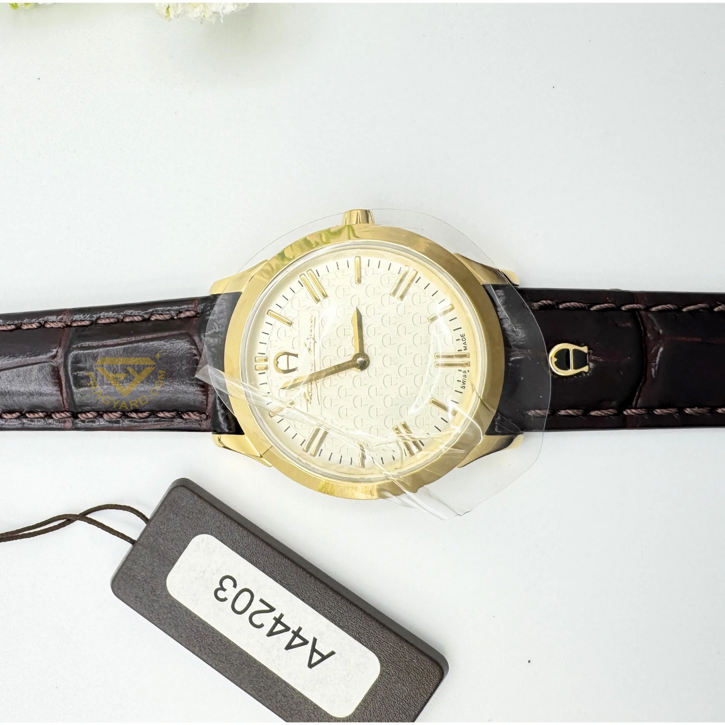 Aigner Watch A44200 Treviso Ladies Gold dial Brown leather strap 3ATM water resistance Swiss made all stainless steel
